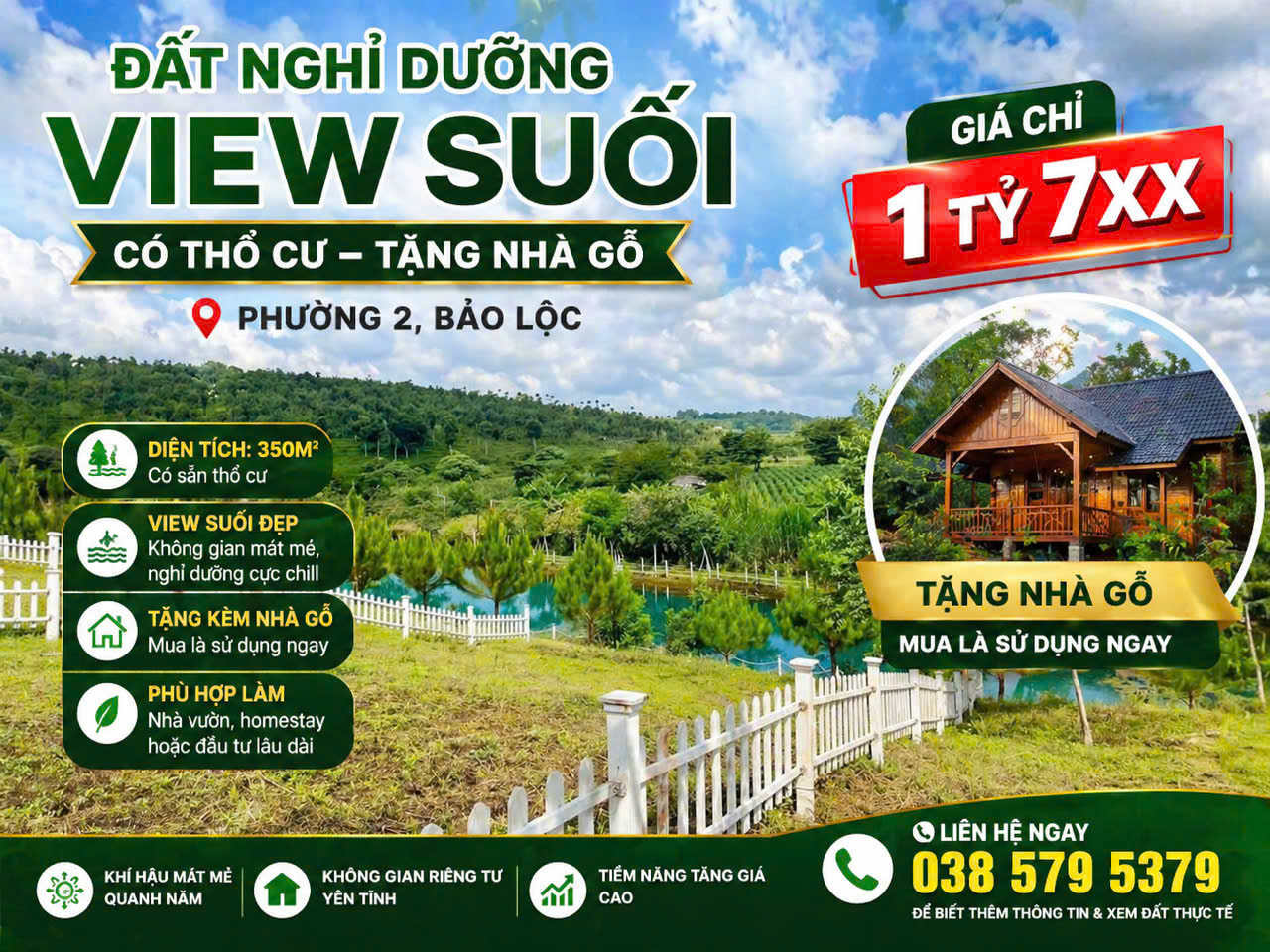Duy Nhất 1 lô ĐẤT NGHỈ DƯỠNG VIEW SUỐI 350M² CÓ THỔ Phường 2 Bảo Lộc