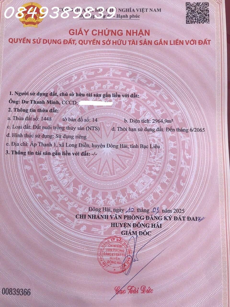 Bán đất tại Ấp Thạnh 1, Long Điền, Đông Hải, Bạc Liêu, giá 1,6 tỷ, DT 2964,9m2