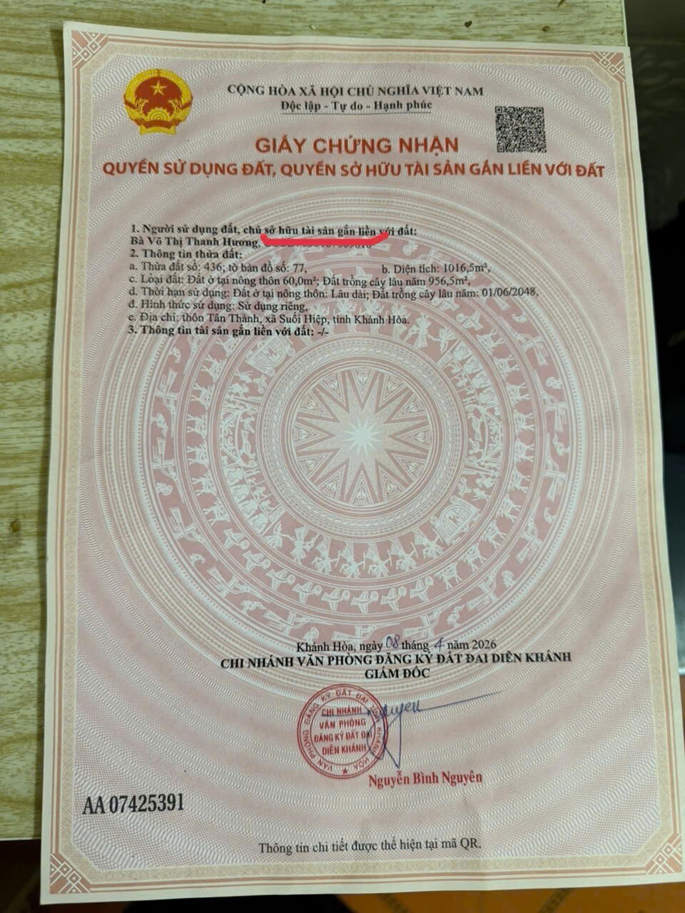 ĐẦU TƯ SINH LỜI – CHÍNH CHỦ CẦN BÁN ĐẤT Tại Thôn Tân Thành, xã Suối Hiệp, tỉnh Khánh hòa